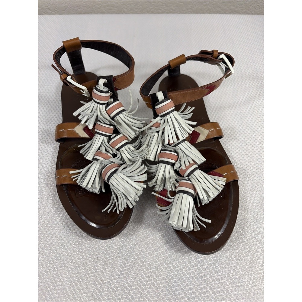 Tory Burch Weaver Tassel Sandal White/Tan/Almond Leather Gladiator‎ Sz 6.5US